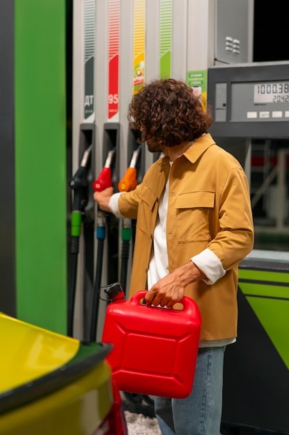 A man holding a red case in front of gas pumps.